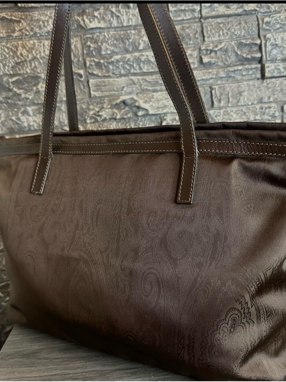 Etro Vintage Brown Paisley Nylon Jacquard Shoulder Tote Bag - Picture 3 of 9